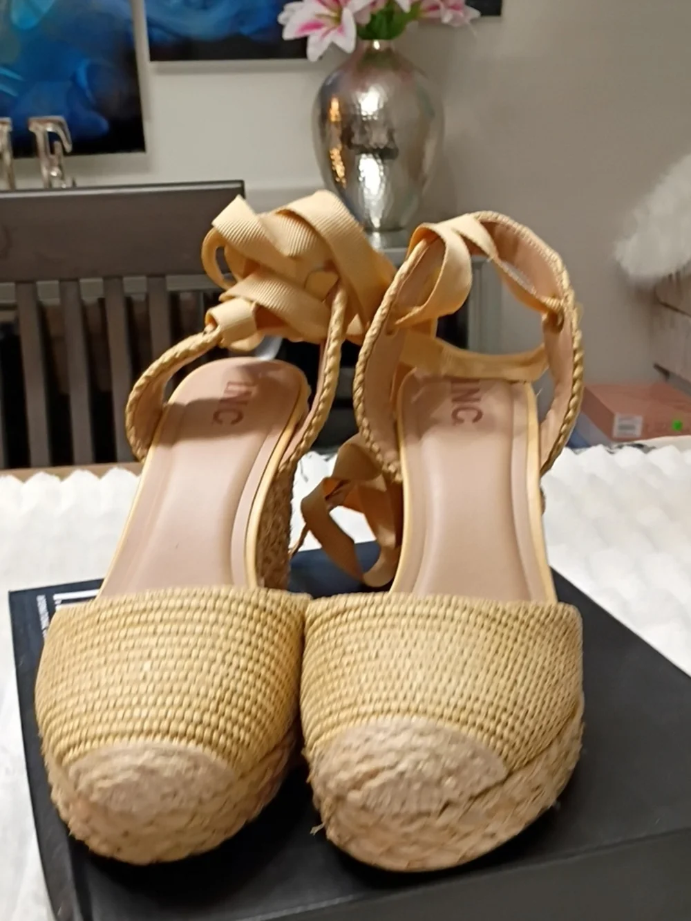 INC International Concepts Tan Woven Espadrille Wedge Sandals with Ankle Ribbon